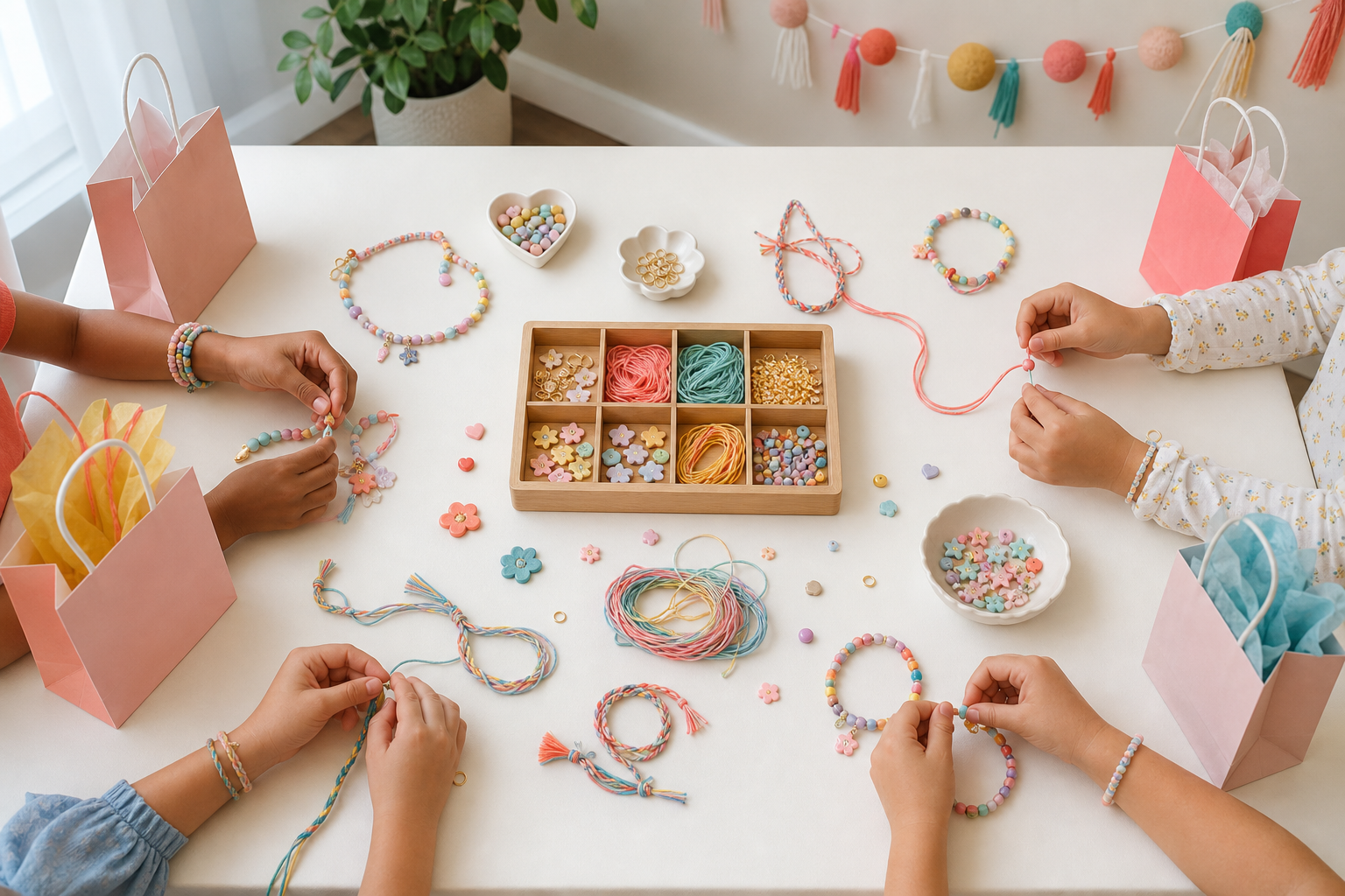 Children making colorful bracelets at a jewelry-making birthday party table