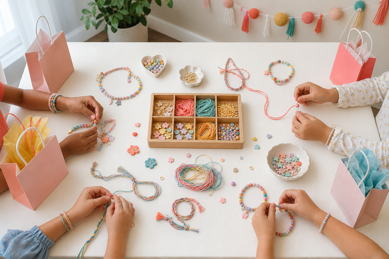 Children making colorful bracelets at a jewelry-making birthday party table